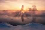 Fog Over Winter River Stock Photo