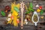 The Ingredients For Homemade Pasta Basil, Parmesan Cheese ,garli Stock Photo