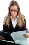 Female Reading Document Stock Photo