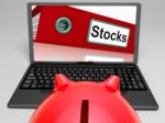 Stocks Laptop Means Trading And Investment On Web Stock Photo