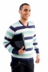 Smiling Boy Holding Laptop Stock Photo