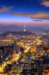 View Of Downtown Cityscape And Seoul Tower In Seoul, South Korea Stock Photo