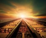 Junction Of Railways Track In Trains Station Agains Beautiful Li Stock Photo