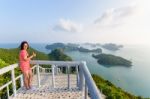 Woman Tourist On Peak Viewpoint Of Island Stock Photo