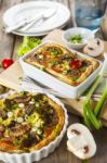 Quiche Lorraine With Chicken, Mushrooms And Broccoli Stock Photo