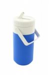 Small Blue Can Plastic Cooler And Tube On White Background Stock Photo