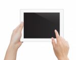 Woman Hand Using Digital Tablet Isolated Clipping Patch Inside Image Data Stock Photo