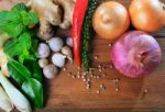 Fresh Thai Vegetable Spice Herb On Wood Table Top Stock Photo