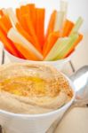 Fresh Hummus Dip With Raw Carrot And Celery Stock Photo