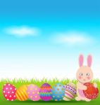 Colorful Eggs And Bunny For Easter Day Card Stock Photo