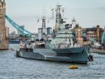 London, Uk - June 14 : Hms Belfast Anchored Near Tower Bridge In Stock Photo