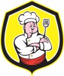 Chef Cook Holding Spatula Shield Cartoon Stock Photo