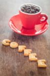 Coffee Alphabet Biscuit With Red Coffee Cup Stock Photo