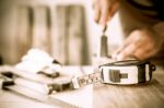 Measuring Tape On A Wood Plank. Build Concept Stock Photo