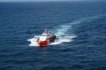 Supply Boat Transfer Cargo To Oil And Gas Industry Stock Photo