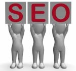 Seo Banners Mean Optimized Web Search And Development Stock Photo