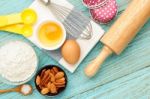 Baking Cupcake With Ingredients And Tools Stock Photo