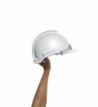 Male Hand Rising Up White Safety Helmet Isolated On White Backgr Stock Photo