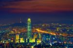 South Korea Skyline Of Seoul, The Best View Of South Korea With Lotte World Mall At Namhansanseong Fortress Stock Photo