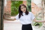 Thai Adult Student University Uniform Beautiful Girl Relax And Smile Stock Photo