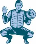 Baseball Catcher Gloves Woodcut Stock Photo