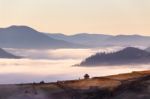 Small Hut On Mountain Pass In Autumn Foggy Morning Stock Photo