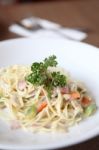 Spaghetti With Mushroom And Ham Stock Photo