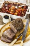 Roast Beef Joint With Roast Vegetables Stock Photo