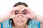 Woman Looking Imaginary Binocular Stock Photo