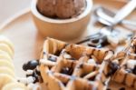 Delicious Sweet Dessert : Homemade Waffle With Chocolate Sauce , Stock Photo