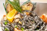 Seafood Black Spaghetti Stock Photo