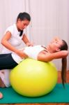 Exercises Control Basin Trunk With Bobath Ball Fitball Stabiliza Stock Photo