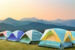 Group Of Tourist Tent On The Hills Stock Photo