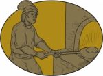 Medieval Baker Bread Peel Wood Oven Oval Drawing Stock Photo