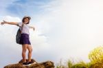 Tourist Teen Girl On Phu Chi Fa Mountain Stock Photo