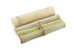 Three Bamboo Tube For Rice Steam On White Background Stock Photo