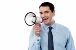 Middle Aged Man With Megaphone Stock Photo