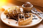 Belgian Waffles With Fruit And Chocolate, Forest Fruit, All Home Stock Photo