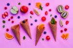 Cones And Colorful Various Fruits Raspberry ,blueberry ,strawber Stock Photo