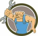 Bulldog Mechanic Holding Spanner Circle Cartoon Stock Photo