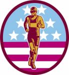 Marathon Runner Usa Flag Circle Woodcut Stock Photo