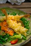 Fresh Japanese Tempura Shrimps With Salad Stock Photo