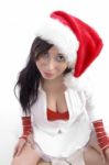 Female Wearing Christmas Hat Stock Photo