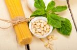 Italian Traditional Basil Pesto Pasta Ingredients Stock Photo