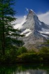 Summer Morning On The Grindjisee Lake With Matterhorn Peak Backd Stock Photo