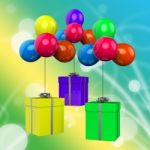 Balloons With Presents Mean Surprise Party And Birthday Presents Stock Photo