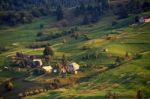 September Rural Scene In Mountains. Authentic Village And Fence Stock Photo