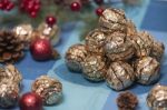 Pile Of Sweet Round Chocolate Candies Stock Photo