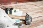 Carpentry Tools On The Wooden Table Stock Photo