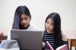 Two Asia Thai High School Student Uniform Best Friends Beautiful Girl Using Her Laptop Stock Photo